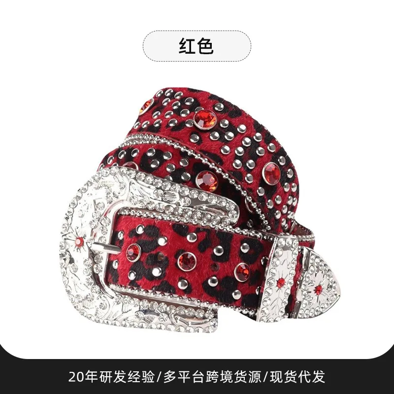 Western Red Leopard Print Rhinestone Rivet PU Leather Women Belt Fashion Jeans Causal Pants Pin Buckle Punk Belt for Ladies