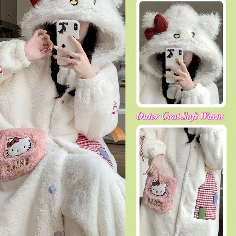 

Winter Coral Fleece Robe Women's Long Sanrio Cartoon HelloKitty Winter Home Clothes Sleepwear Bathrobe Outer Coat Soft Warm