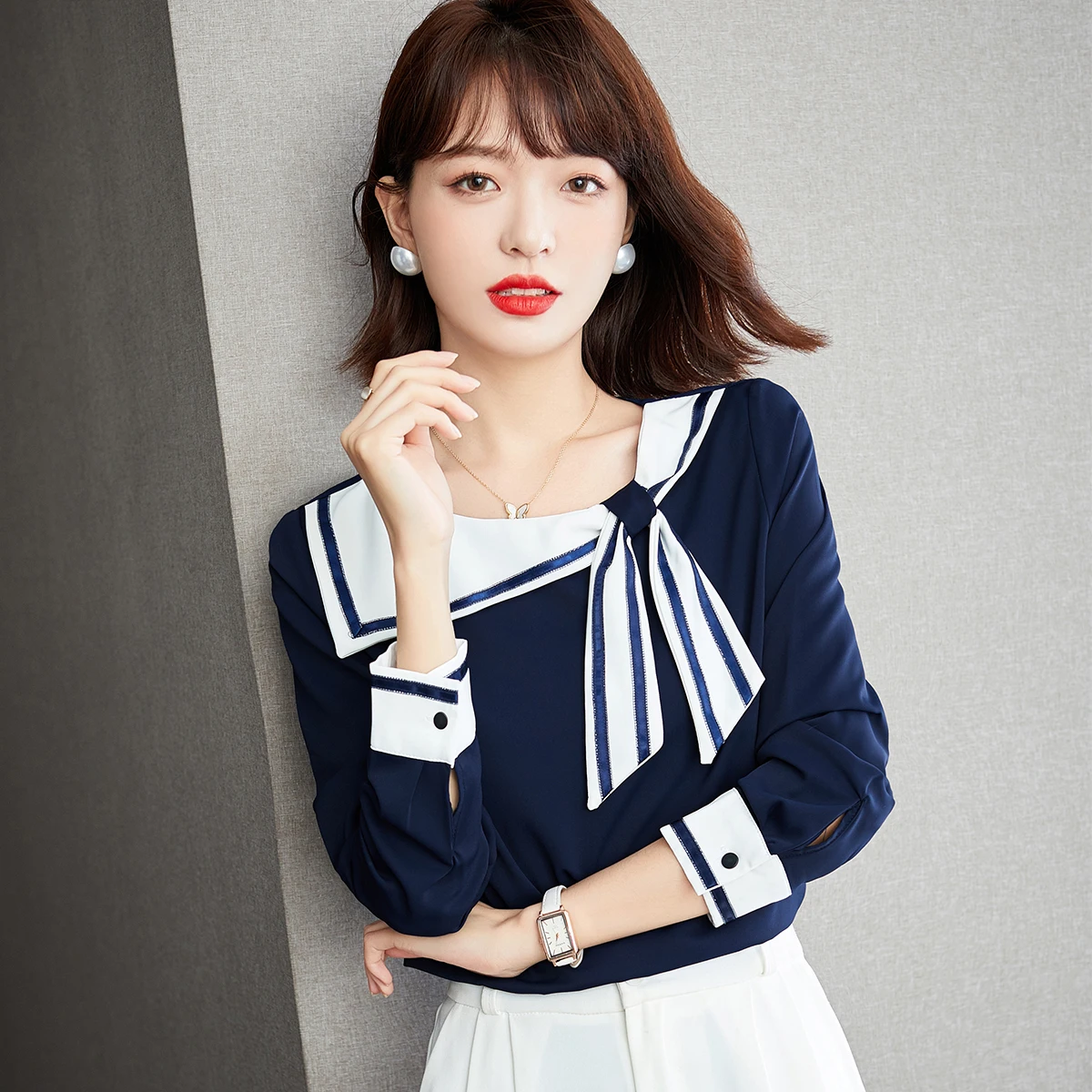 Sailor Collar Bow Long Sleeve Casual Shirt Women Tops Spring Autumn Office Lady Elegant Chic Loose Navy Pullover Blouse C1421