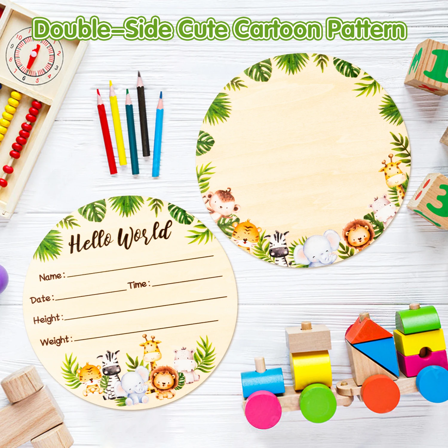 

Baby Footprint Birth Announcement with Wildlife Animal Design "Hello World" Sign Black Marker Ink Pad for Newborn Keepsake
