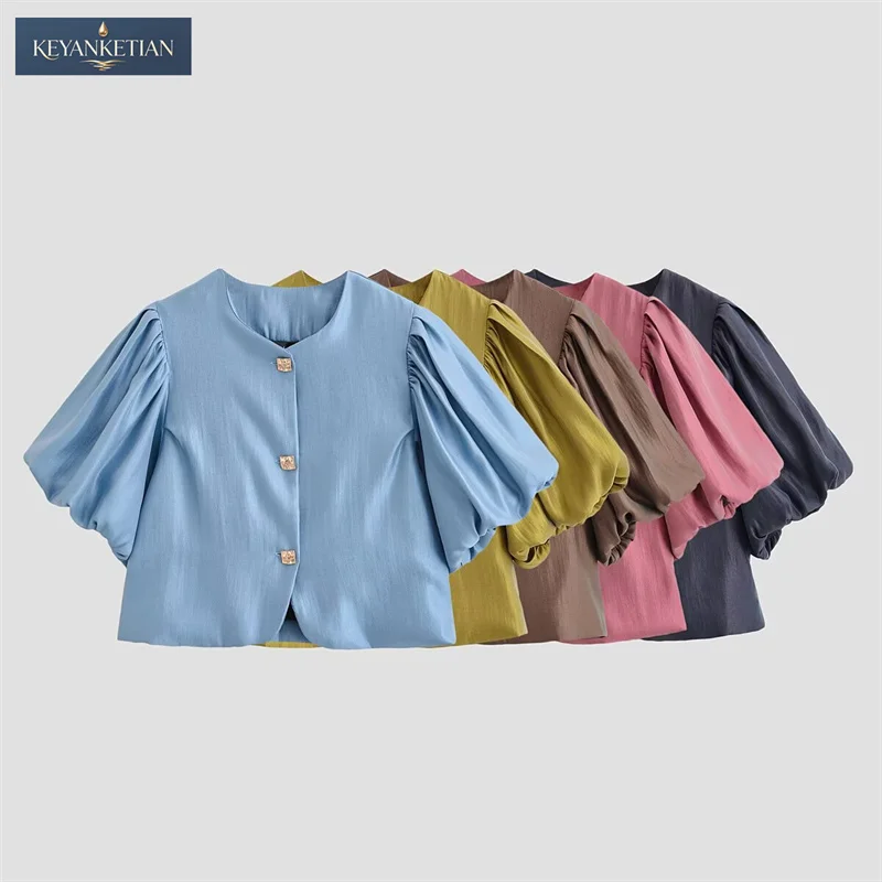 

KEYANKETIAN 2026 Summer Woman Chic Office Casual Blouse Boxy Silhouette Puff Sleeves, V-Neck & Textured Fabric Crop Top Shirt