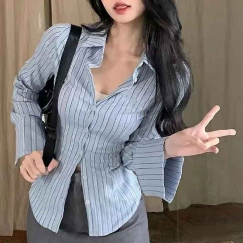 Vintage Gestreepte Shirts Vrouwen Y2k Damesblouses Sexy Slanke Lange Mouw Tops Dames Streetwear Koreaanse Populaire Kleding Vrouwen
