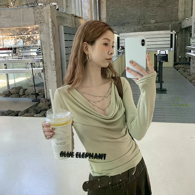 

Новинка осени 2025 года, нижняя рубашка с длинными рукавами, облегающая футболка, дизайнерские топы с воротником-стойкой для женщин