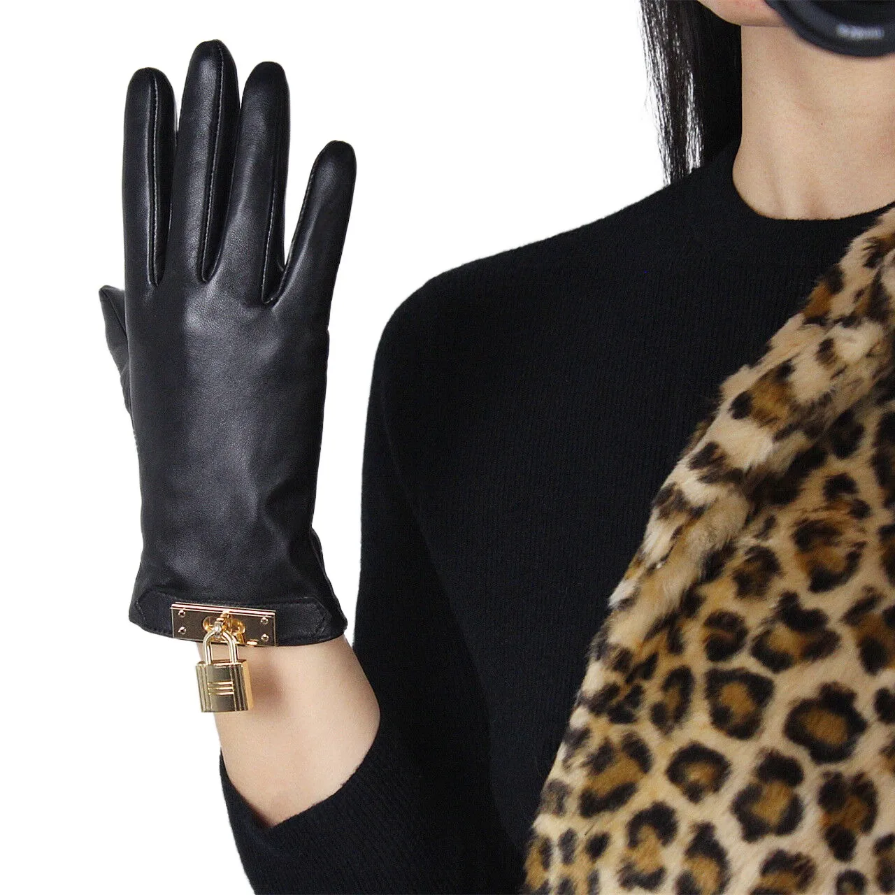 DooWay Women TECH GLOVES Real Leather Wrist Short Black Lambskin Sheepskin Golden Spring Lock Charm Driving Warm Winter Glove