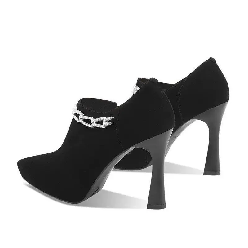 FHC 2024 nuovi tacchi alti con strass, scarpe floccate singole di forma profonda, décolleté da donna, cerniera laterale, punta a punta, nero, taglia