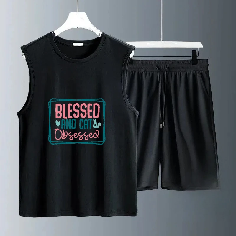 

2025 Daily Casual Sleeveless Polyester English checkered box print Fiber Men Outfit Breathable Soft Summer Set two-piece sets