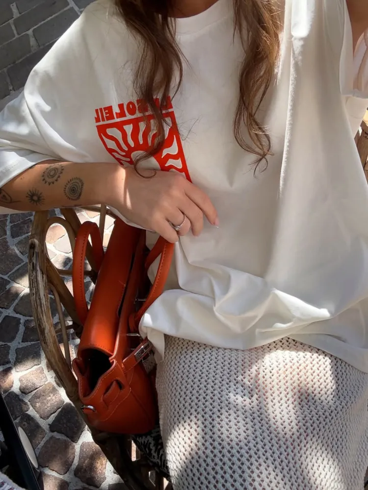 T-shirt da donna vintage americana fiti con stampa solare allentata ort Sve Street Sle Cotton Casual Summer Top per donna