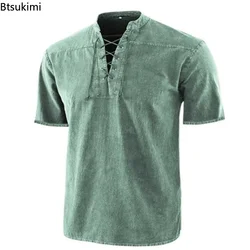 Summer T Shirt Men Stand Collar Front Lace Up Short Sleeve V Neck Slim T Shirt Streetwear for Daily Wear Casual Tops Tees S-5XL