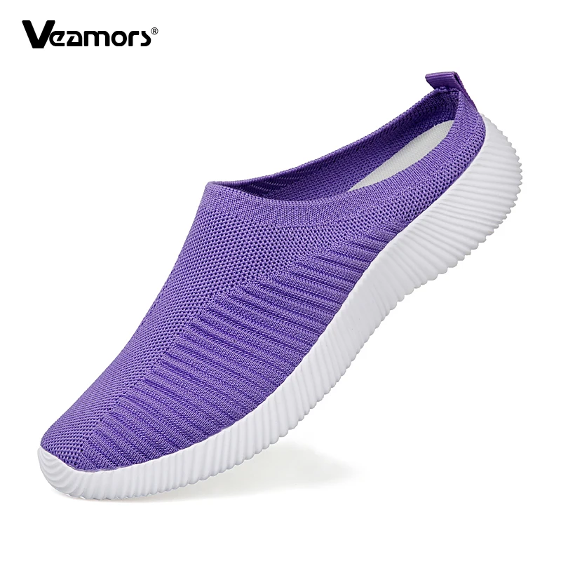 

Ultra Light Women's Walking Shoes Knitted Mesh Flat Shoes Round Toe Half-slippers Slip-on Loafers Elastic Soft Casual Shoes