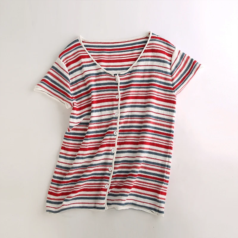 Women\'s T-shirt Summer 100% Cotton Cardigan Short Sleeve Casual Round Neck Ladies Tops Loose Blouse Pullover Striped Tees