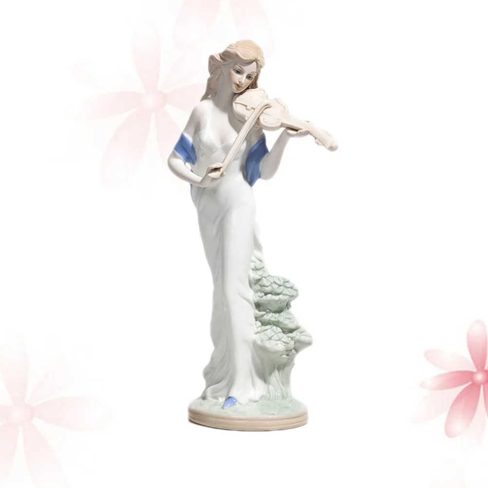 

Ceramic Figure Statue European Style White Playing Violin Desktop Decoration Table Ornament Home Office Adornment