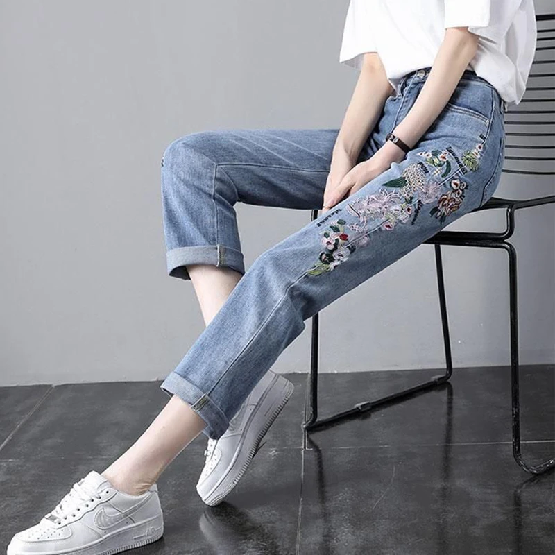 Straight Leg Jeans for Women, Loose High Waist, Embroidery, National Wind, Casual Pants, Female Fashion, Spring, Summer