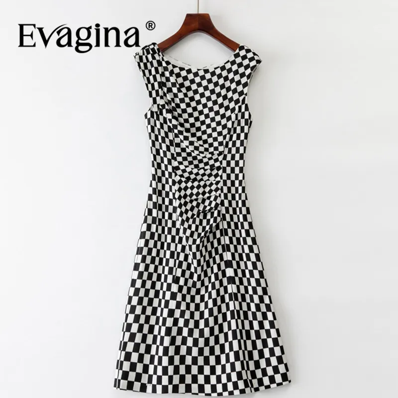 

Evagina Fashion Summer Women's Dress Sleeveless Plaid Print Folds Splicing Commuter Office Lady Pencil Dresses