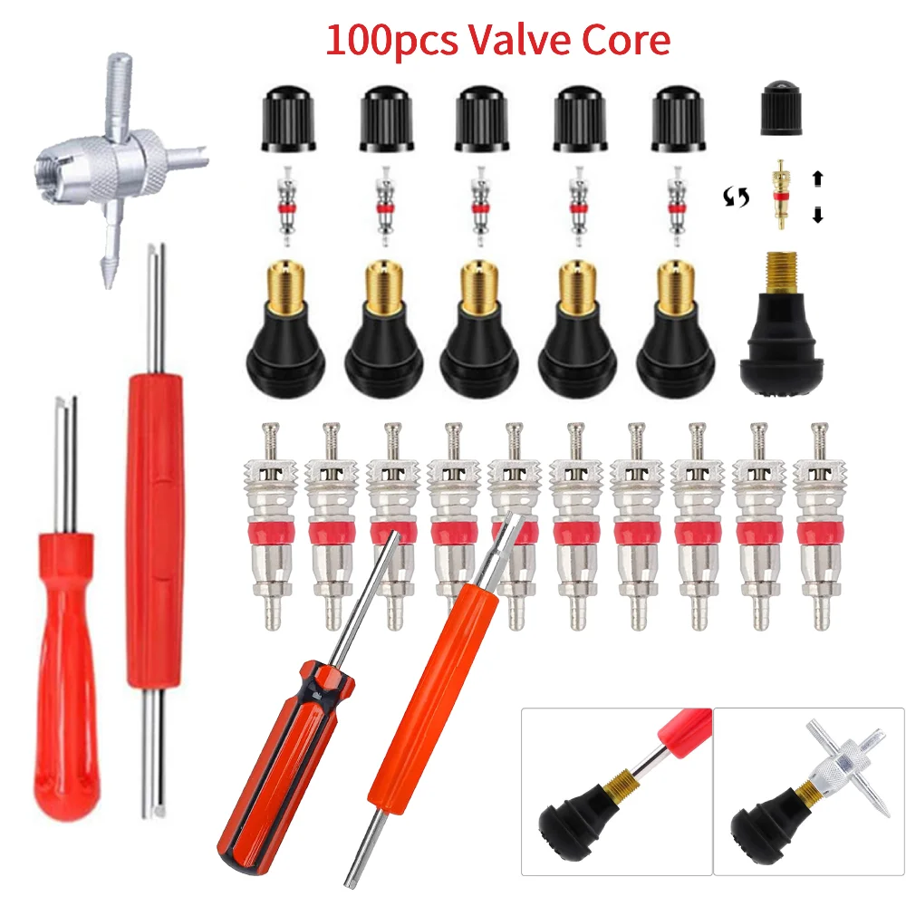 

100pcs Tire Valve Core Remover Tools Wrench Plastic Handle Nickel Plated Wrench Core Tire Repair Hand Tool for Car Bicycle Motor