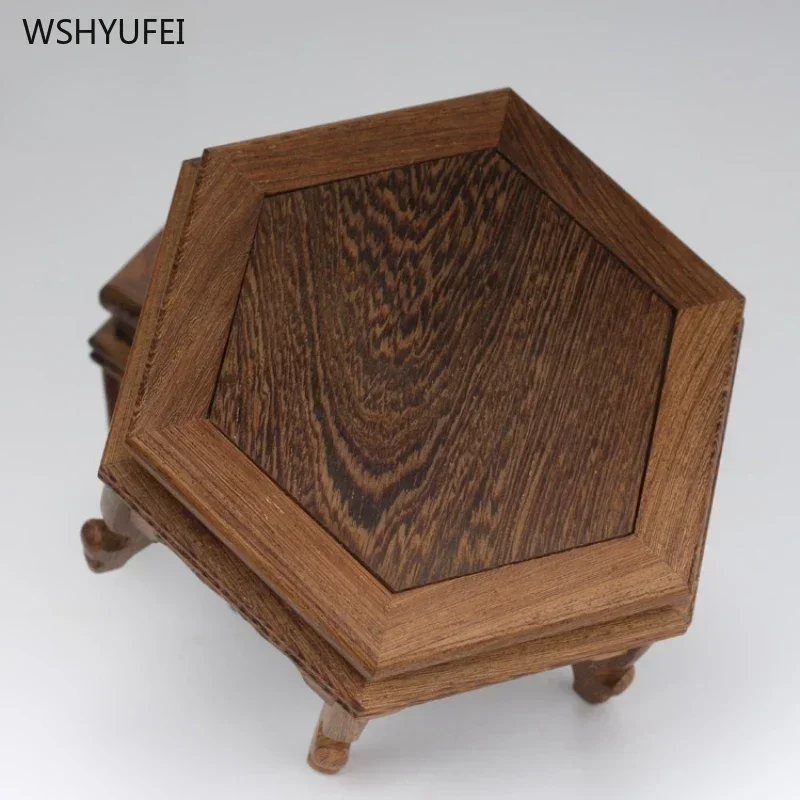 1 pc Solid wood hexagonal  base Tea set base Buddha statue altar living room Home decoration ornaments Wooden coffee table