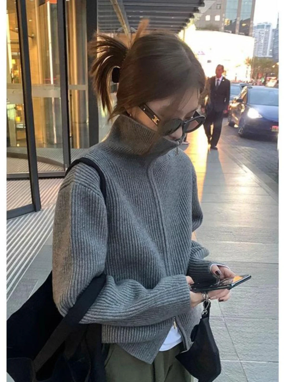 

Gray Thickened High Collar Knitted Open Cardigan Women's Outerwear Autumn Winter New Style Double Zipper Premium Feeling Swea...