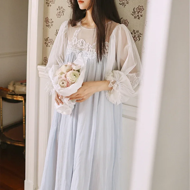 

Spring Summer Fairy Pure Cotton Long Nightgown Vintage Victorian Lace Nightdress Princess Women Sweet White Blue Night Dress