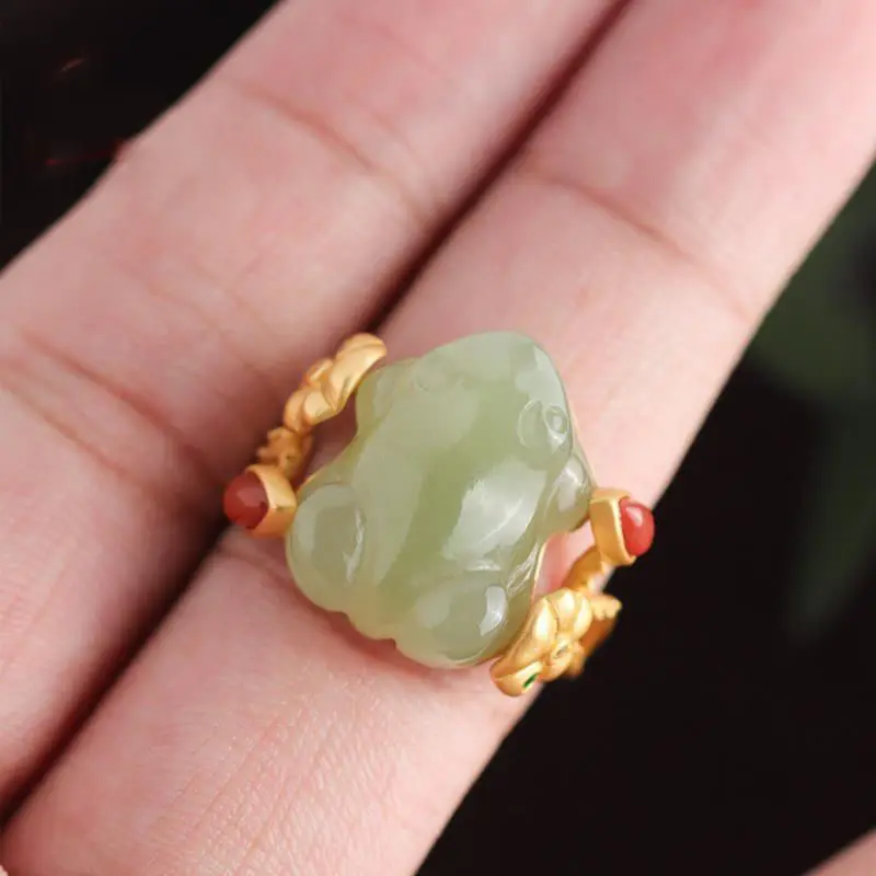 Designer original new natural Hetian jade frog gilt lotus leaf opening adjustable ring personality trend fashion ladies jewelry