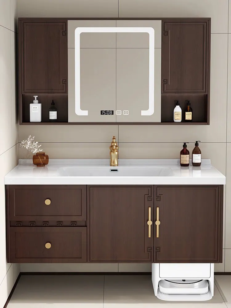

Oak bathroom cabinet combination wall cabinet, bathroom wash basin integrated ceramic basin