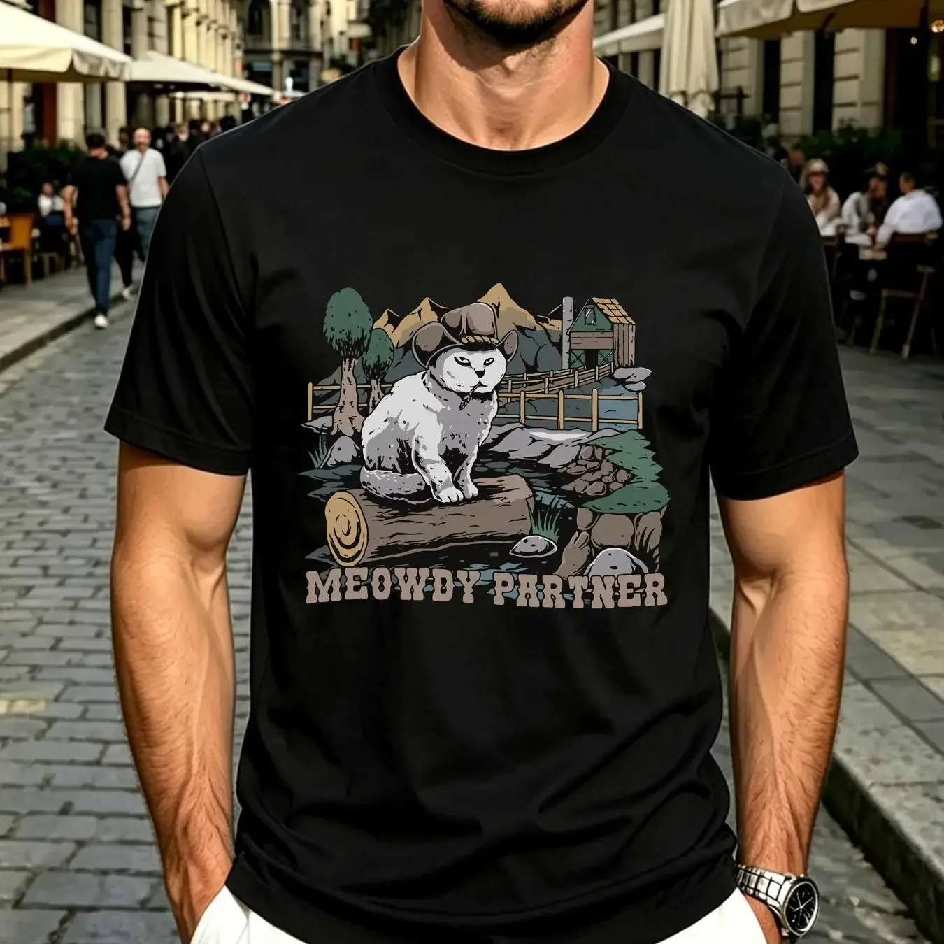 washed T Shirt Meowdy Partner For Cat Lovers Cowboy Howdy Funny long or short sleeves vintage Washed Comfortable Slightly homme