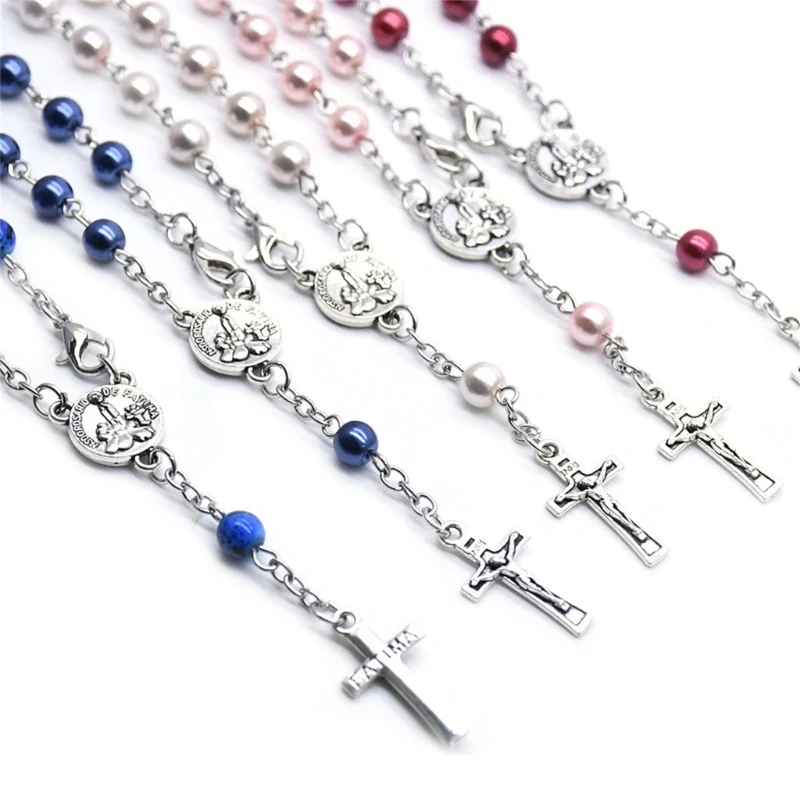 Glass Pearl Beads Rosary Bracelet Catholic Pendant Finger Chain Religious Jewelry for Women Prayer Communion Gift Dropship