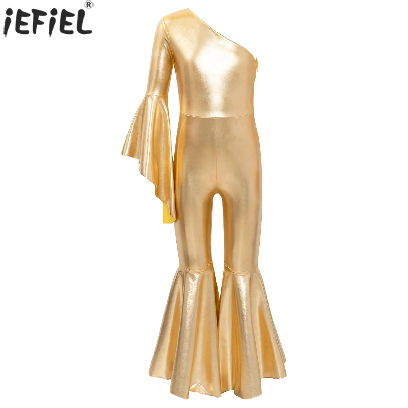 Kids Girls Ballet Latin Jazz Dance Jumpsuit Metallic Shiny One Shoulder Bell-Bottom Bodysuit Ballroom Stage Performance Costume