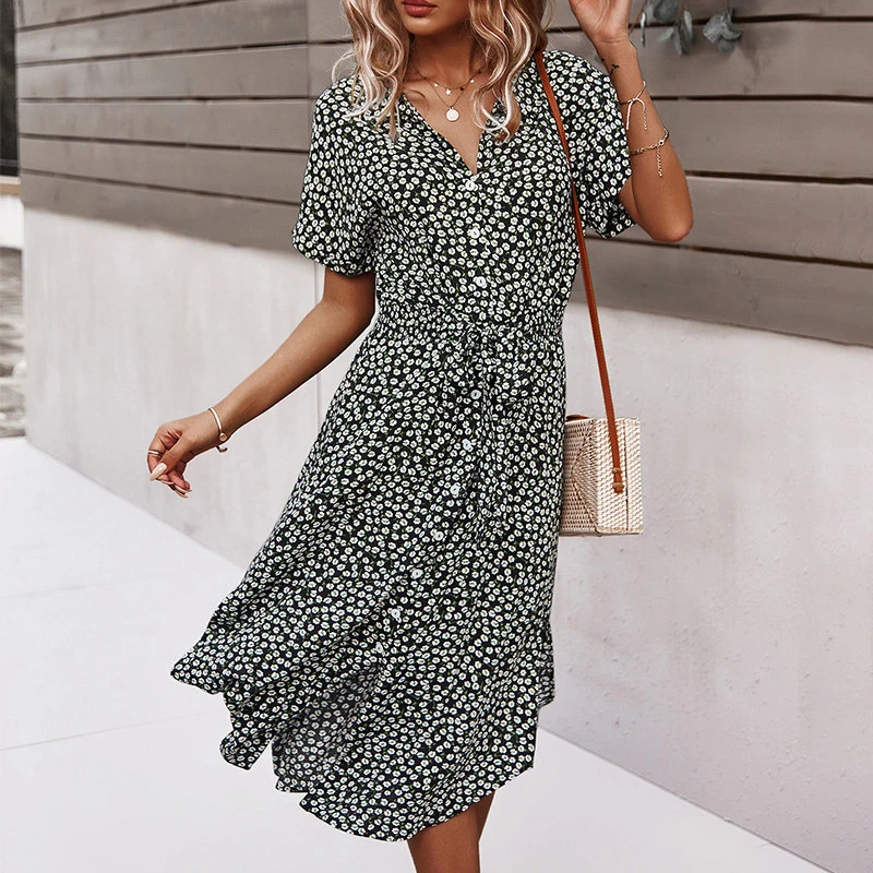 Abito estivo da donna con scollo a v stampato moda manica corta con bottoni cintura decorativa in vita Swing Dress Seaside Holiday Party Sundress