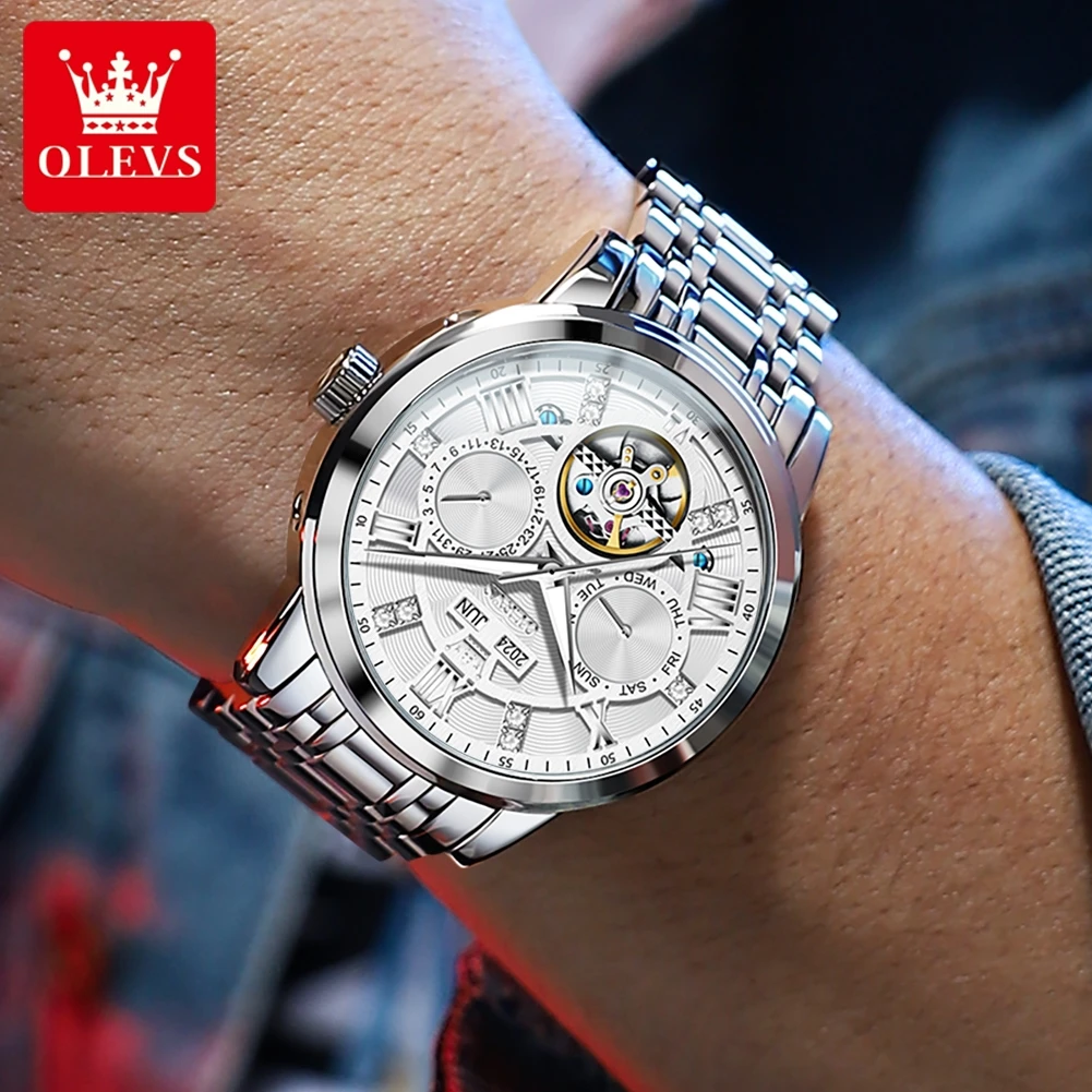 OLEVS 6701 고급 오리지널 남성용 시계 플라이휠 오토매틱 기계식 시계 방수 캘린더 주간 시계 남성용 무료 선물