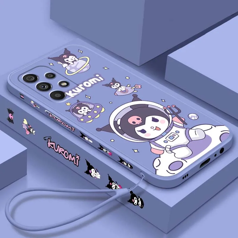 Sanrio Kuromi Pattern Print Phone Case For Samsung 20 10 A72 A71 A56 A55 A54 A53 A52 A51 A42 A41 A36 A35 A34 Liquid Left Rope