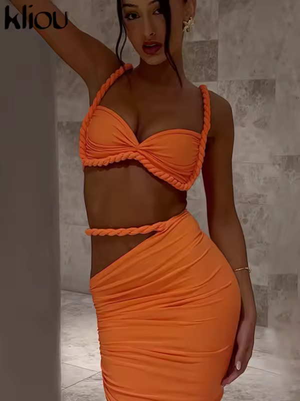 kliou Woven Sexy Women 2 Piece Set Stunning Hot Solid Pleated Crop Camisoles+High Waist Maxi Skirts Female Trend Vacation Outfit - Image 2