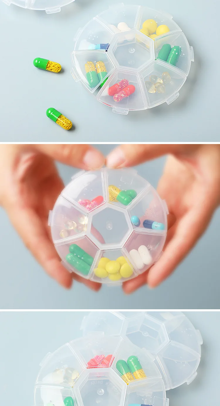 1Pcs Round Pill Case Plastic 7 Days Weekly Tablet Candy Box Portable Storage Tablet Holder Travel Organizer Pill Container