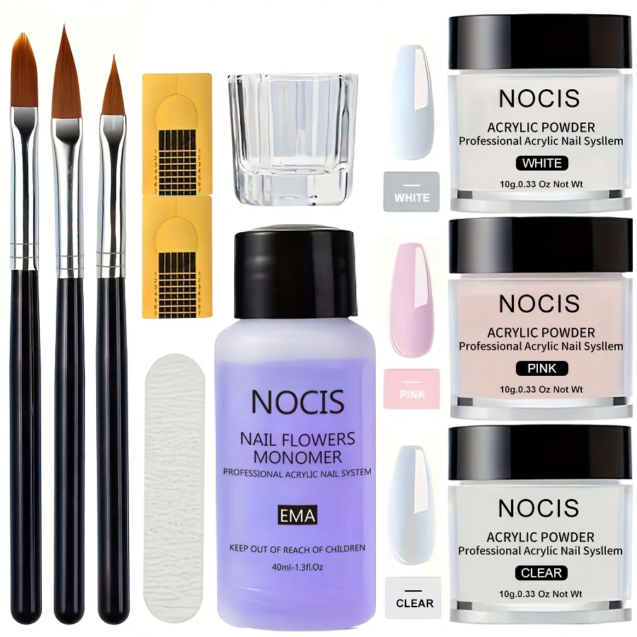 NOCIS Complete Acrylic Nail Kit for Beginners - Clear Pinkish Nude Acrylic Powder, Non-Yellowing Liquid & Nail Art Tools!