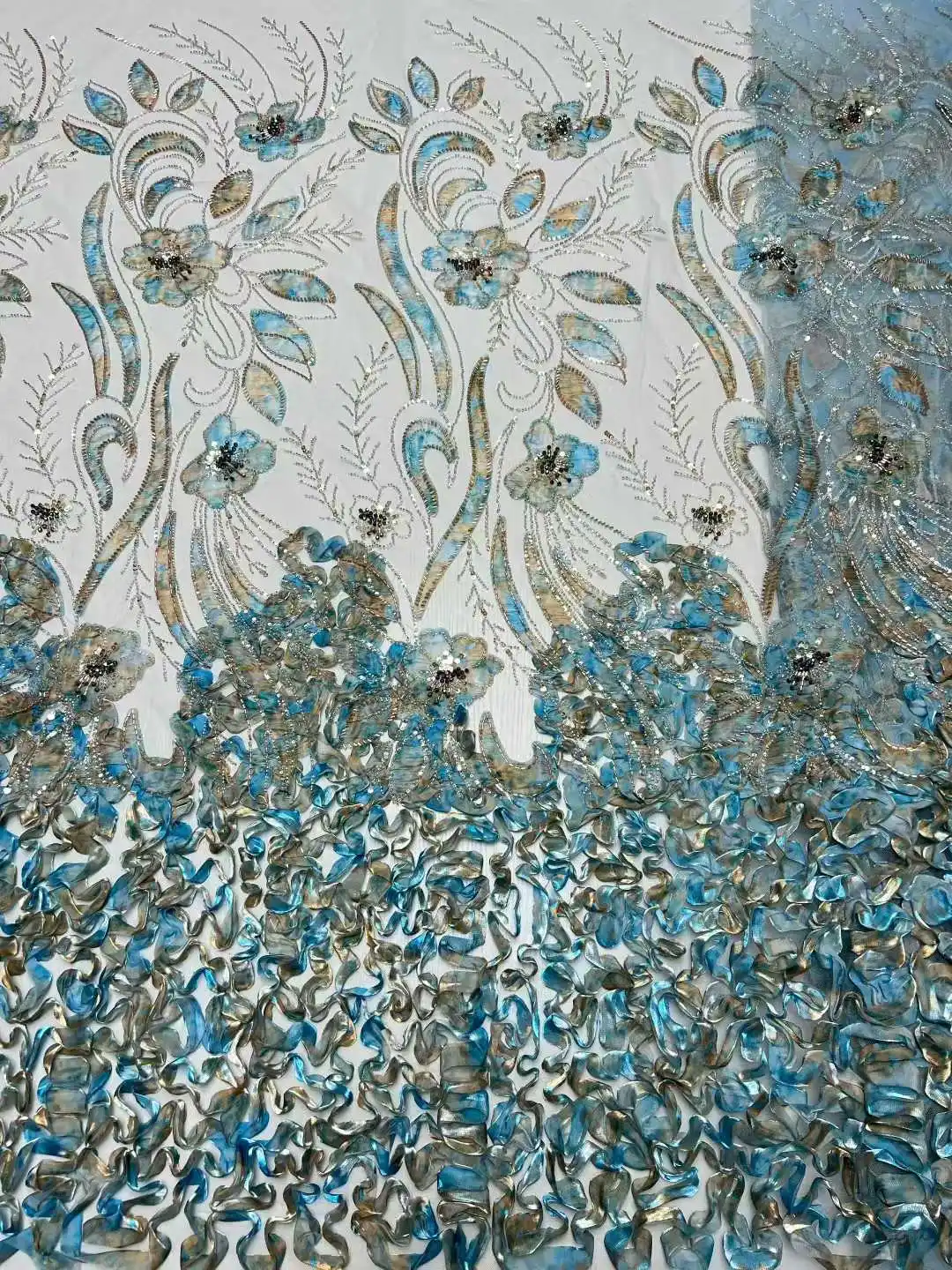 5 Yard Kain Bordir 3D Elegan Nigeria Afrika Berkualitas Tinggi Kain Renda Tulle Perancis dengan Payet untuk Pesta Pernikahan C1631