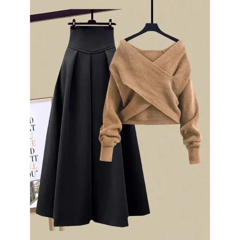 

Autumn Winter Skirt Sets For Women Outfits Korean Casual Knitwears Pullover Sweater And High Waist Skirts Two Piece N432