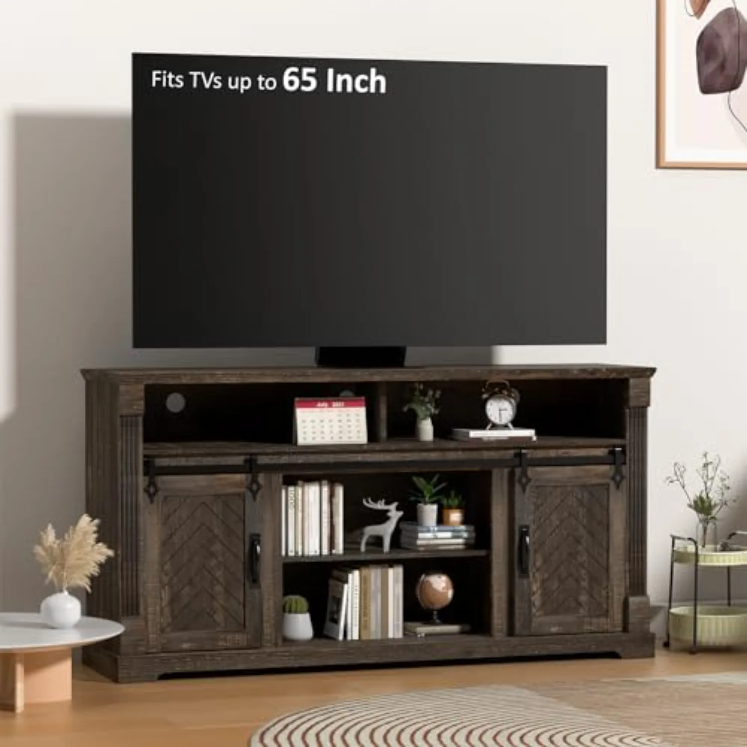 Farmhouse TV Stands for 65 Inch TV | Entertainment Center with Adjustable Shelf, Rustic Media Console with Sliding Barn