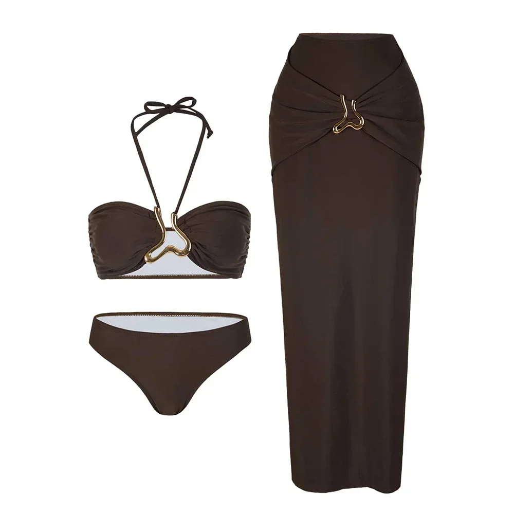 3 pezzi bikini a fascia set costume da bagno donna sexy maxi vestito costumi da bagno costume da bagno beachwear cover up femminile 2025 nuovo