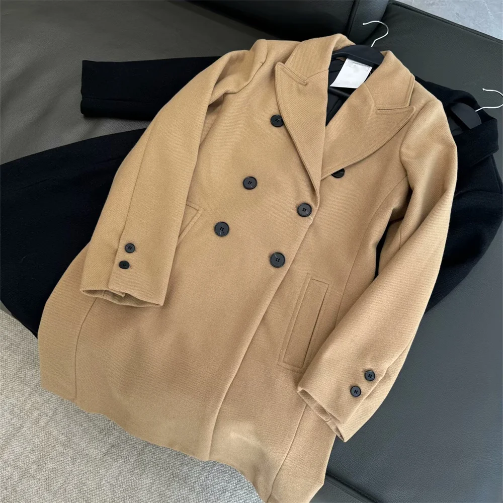 

women's suit collar double breasted woolen medium long coat winter new fashion solid color long sleeved coat