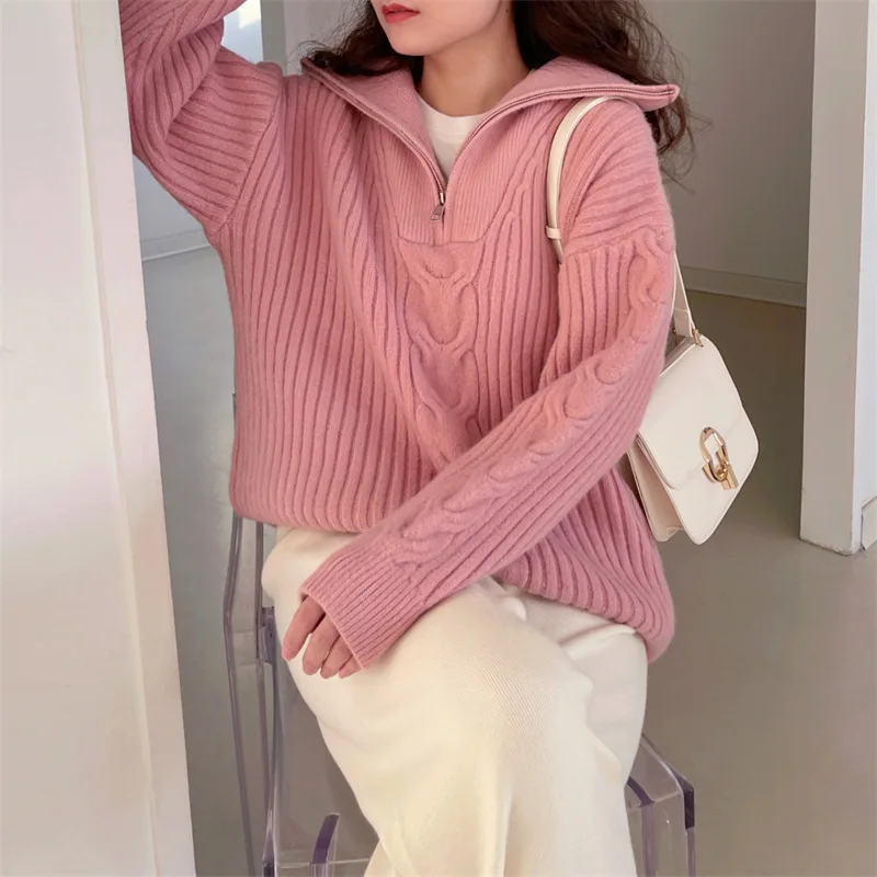 Lapel Knit Pullovers Women Fall Winter Korean Casual Loose Solid Color Long Sleeve Sweaters Top 3 Colors