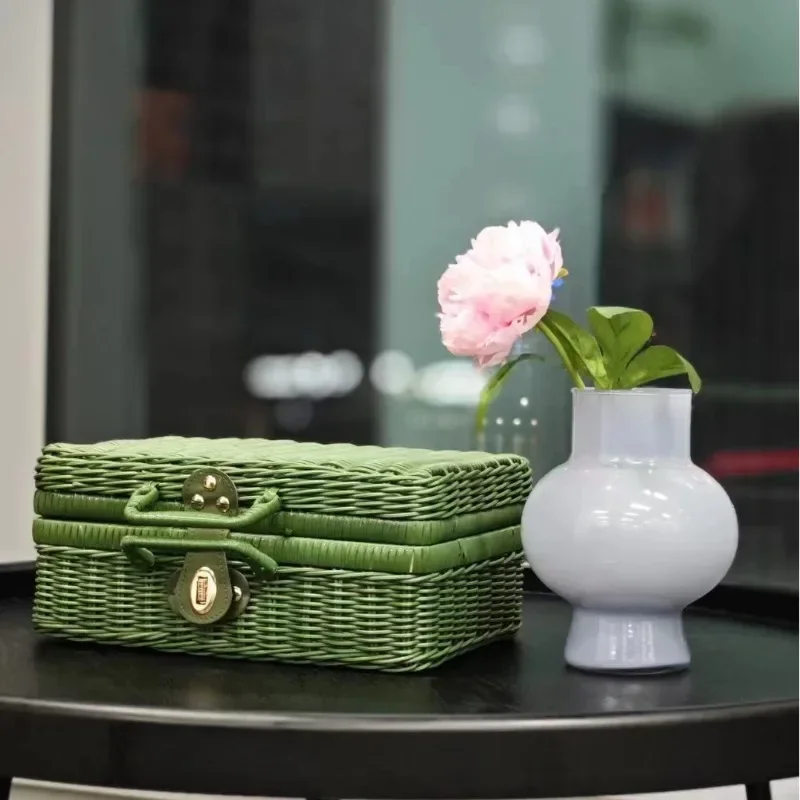 Solid Color Rectangle Wicker Storage Hi Tea Moon Cake Box Packaging Companion Gift Vintage Woven Rattan Suitcase Organizer Box