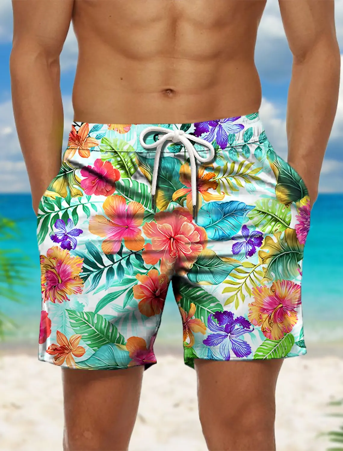 

Men's Fashion Board Shorts Quick Dry Swim Trunks with Drawstring Floral Graphic Print Casual Holiday Hawaiian Style