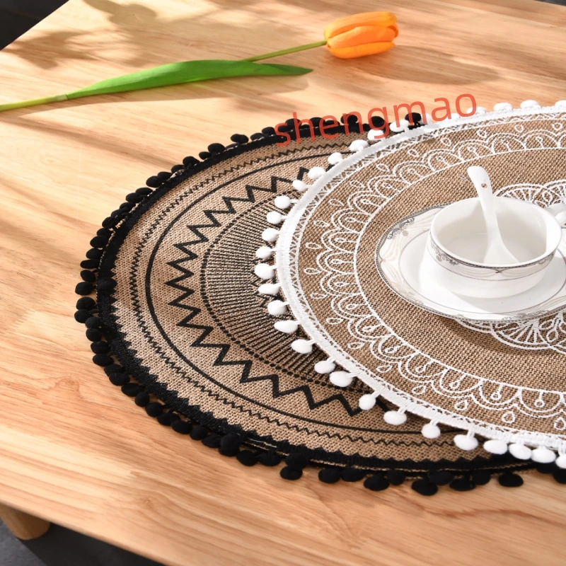 2PCSBohemian Placemat Home Party Party Wild Birthday Christmas Day Decoration Round Woven Placemat Vintage Jute Tassel Woven Mat