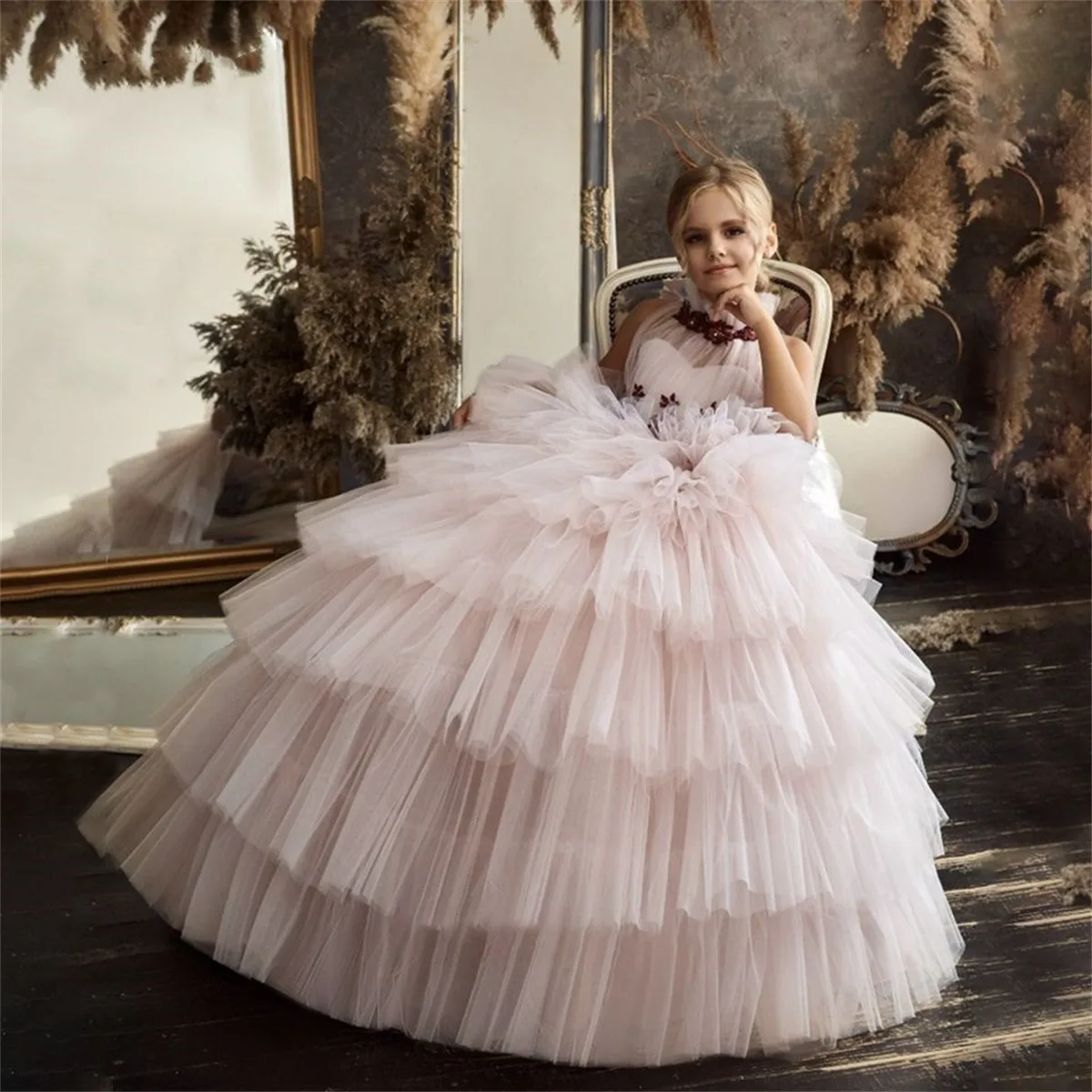 Vestido escalonado de flores para niña, tul sin mangas, apliques mullidos con cuentas para boda, fiesta de cumpleaños para niños, vestidos de baile de primera comunión