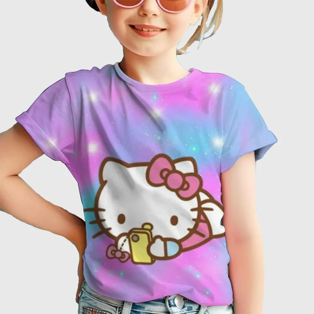 

3D Printing Cartoon Hello Kitty Pattern Children's Clothing Summer Short Sleeve Clothes for Children Round Collar T-shirts