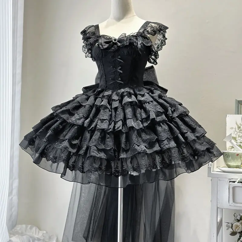Robe japonaise Kawaii Lolita Jsk pour femmes, élégante, avec nœud doux, en dentelle, à volants, Mini robe de princesse de mariage, robes de soirée gothiques Y2k pour filles