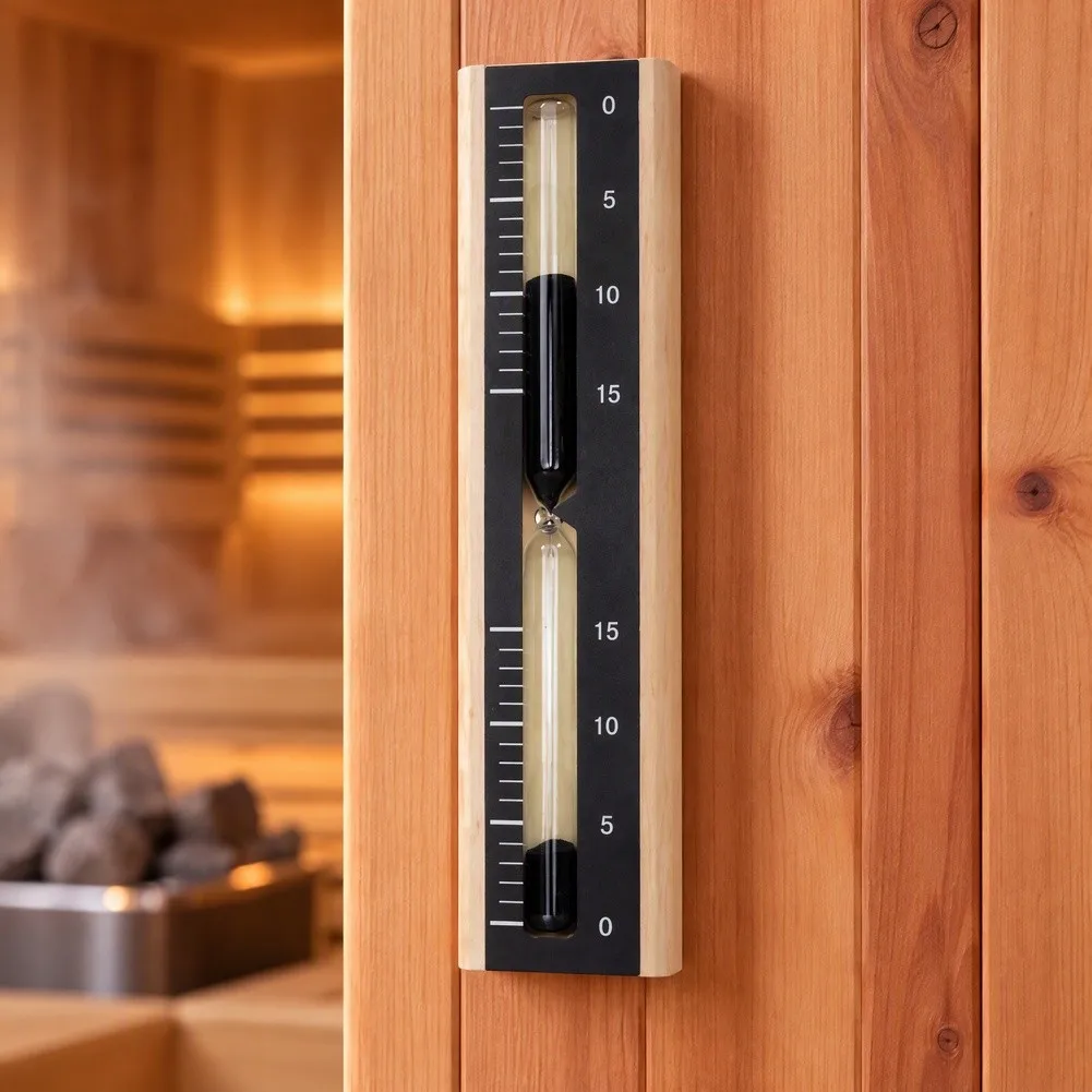 Wooden 15-Minute Hourglass Timer Engineered for Sauna Conditions with Explosion-Proof Glass and Secure Mounting System