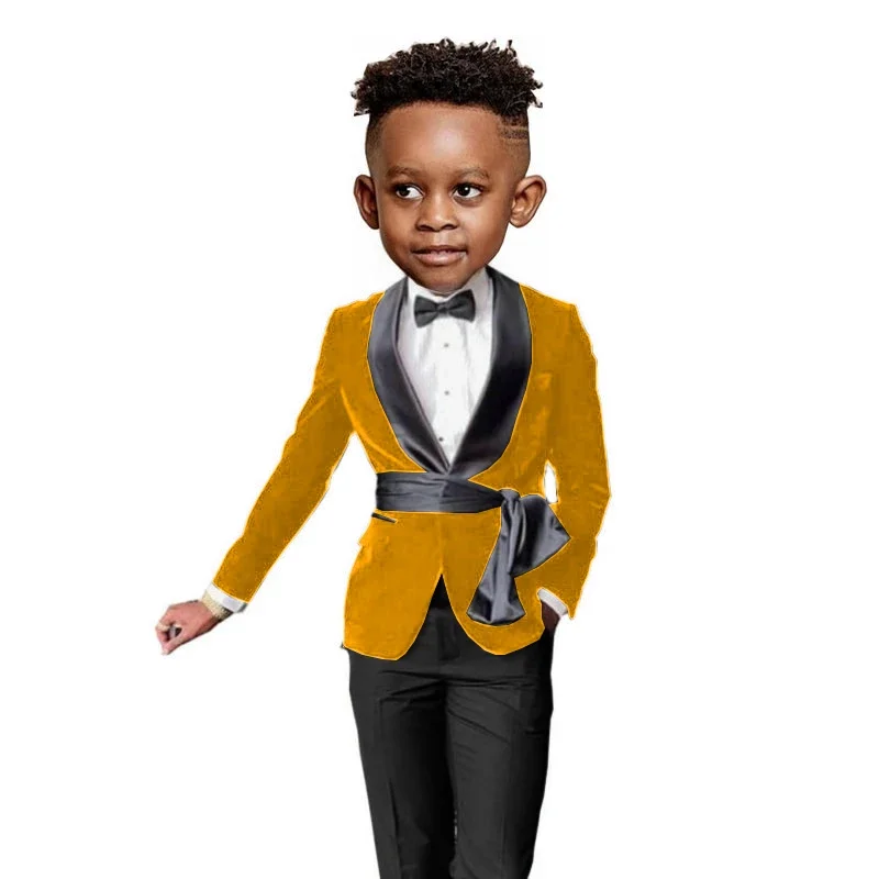 Fashion Black Velvet Boys Wedding Suits Children Performance Party Dress Costume Toddler Kids Blazer Pants Belt Clothing Sets