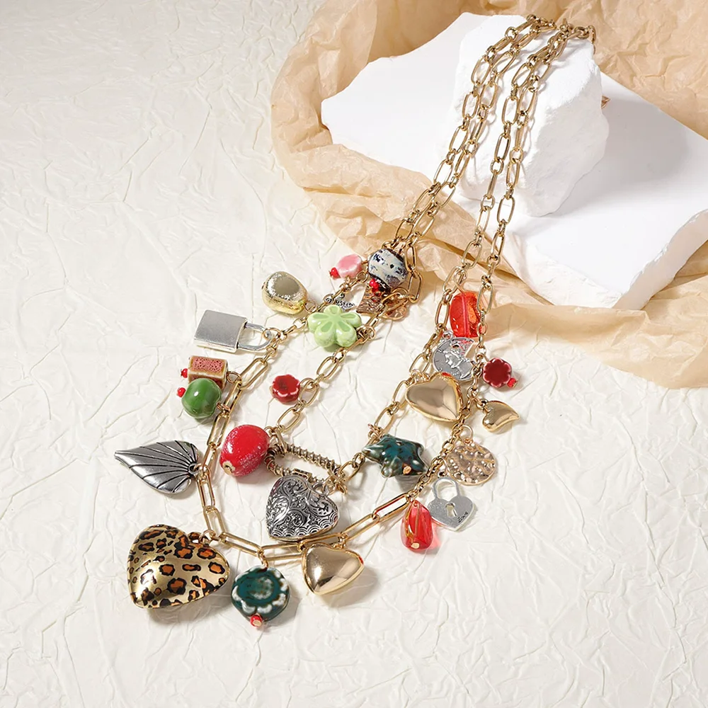 Bohemia Trend Vintage Necklace Vacation Chic Double Layered Alloy Multiple Pendant Necklace Beach Party Jewelry Accessories