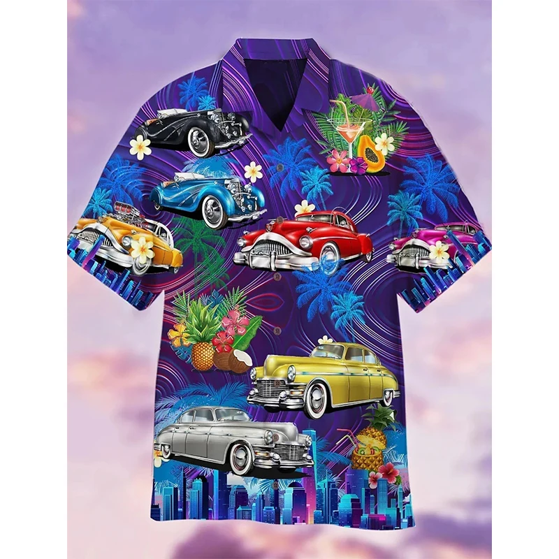 3D Print Men's Hawaiian Shirts Summer Full Print Car Pattern Button-Down Shirt Mens Casual Turndown Outdoor Beach Shirt Tees