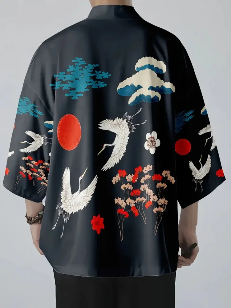 

Crane Print Casual Loose Cardigan Short Sleeve Japanese Cardigan Kimono Classic Traditional Street Trend Fashion Cardigan Kimono