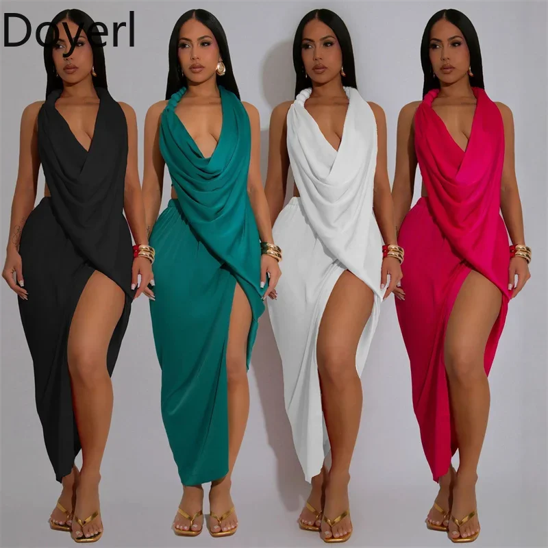 Doyerl Sexy Halter Backless Maxi Dress Women Birthday Sleeveless V-neck Ruched High Split Prom Night Club Party Long Dresses